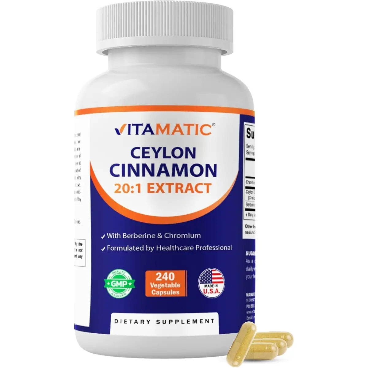 Vitamatic Ceylon Cinnamon & Berberine with Chromium Vegetarian Capsules - 240 Count, GMP Certified, Plant-Based Botanical Extract, Non-GMO, Gluten-Free Concentrated Herbal Supplement, 240 Capsules