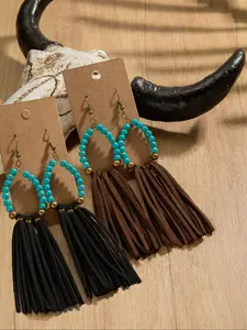 Boho Style Tassel Decor Dangle Earrings, Water Drop Shaped Turquoise Textured Dangle Earrings for Women, Trendy All-match & Exquisite Jewelry for Birthday Gift