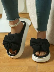 Women's Open-Toe Cotton Slide Slippers, Bow Decor, Thick Eva Sole, Casual Home & Outdoor Shoes, All Seasons Comfortable Footwear