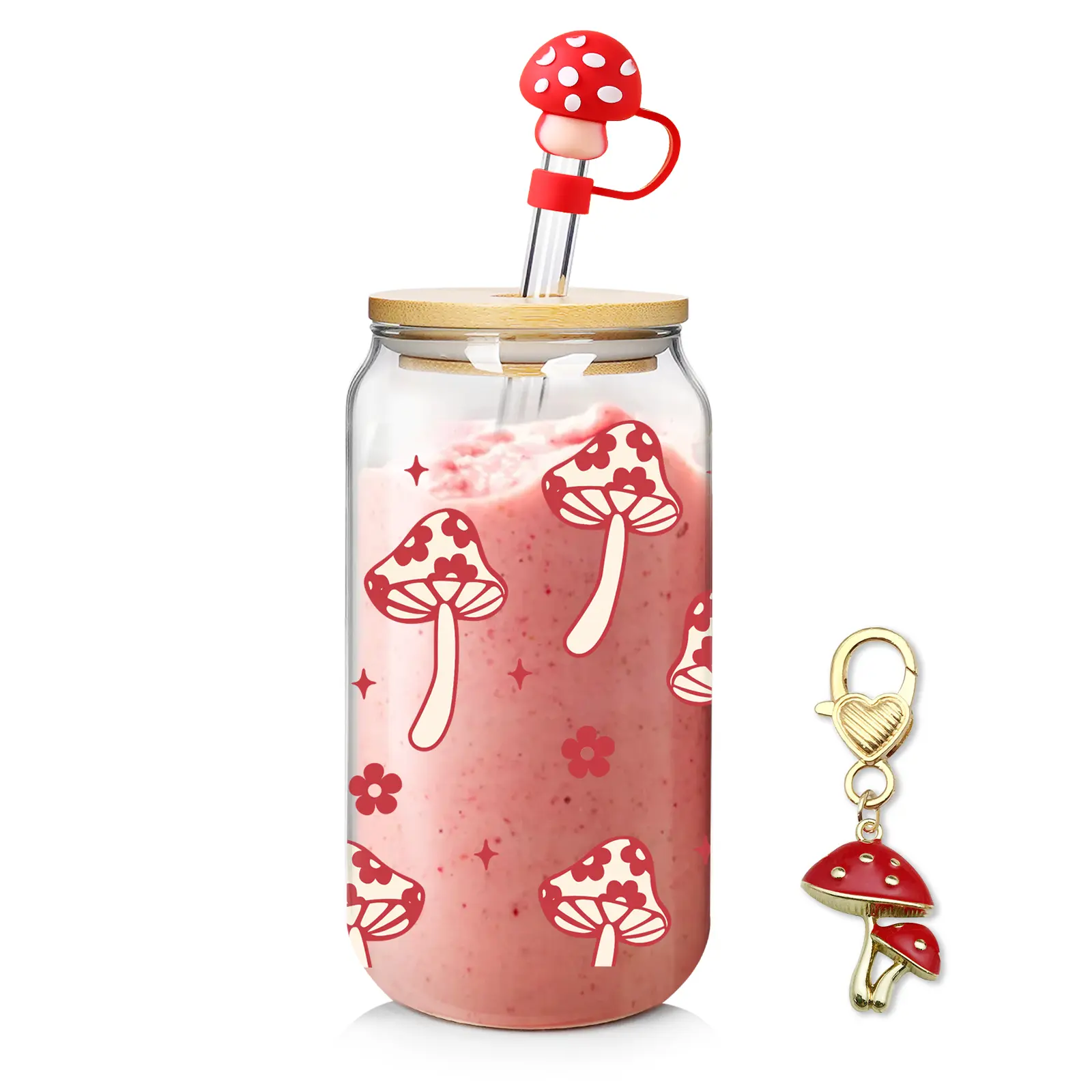 ANOTION 18oz Mushroom Can Glass Cup with FREE  Keychain & Accessories – Perfect Gift for Mushroom Lovers, Coffee Glass Cup with Lid and Straw