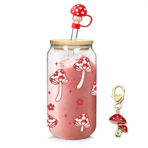 ANOTION Springtok 18oz Mushroom Can Glass Cup with FREE  Keychain & Accessories – Perfect Gift for Mushroom Lovers, Coffee Glass Cup with Lid and Straw