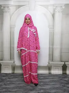 Women's Ditsy Floral Print Contrast Lace Zipper Long Sleeve Arabian Dress with Hijab, Elegant Drop Shoulder Long Dress for Muslim, Ladies Islamic Clothing Classy Modest Dresses for All Seasons
