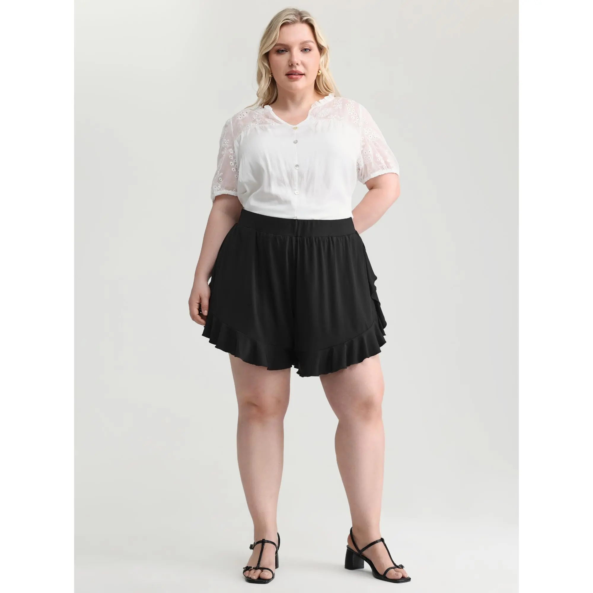 BloomChic Women's Plus Size Pull-On Shorts - Casual Solid Wide-Leg Bottoms with Ruffle Hem, Polyester-Spandex Fabric, Machine Washable, Cold Wash Safe