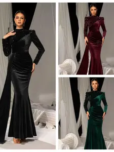 Elegant Women's Evening Dress, Formal Wear, Sequins & Satin Fabric, Long Sleeves, Waist-Cut Design, Perfect for Weddings & Parties