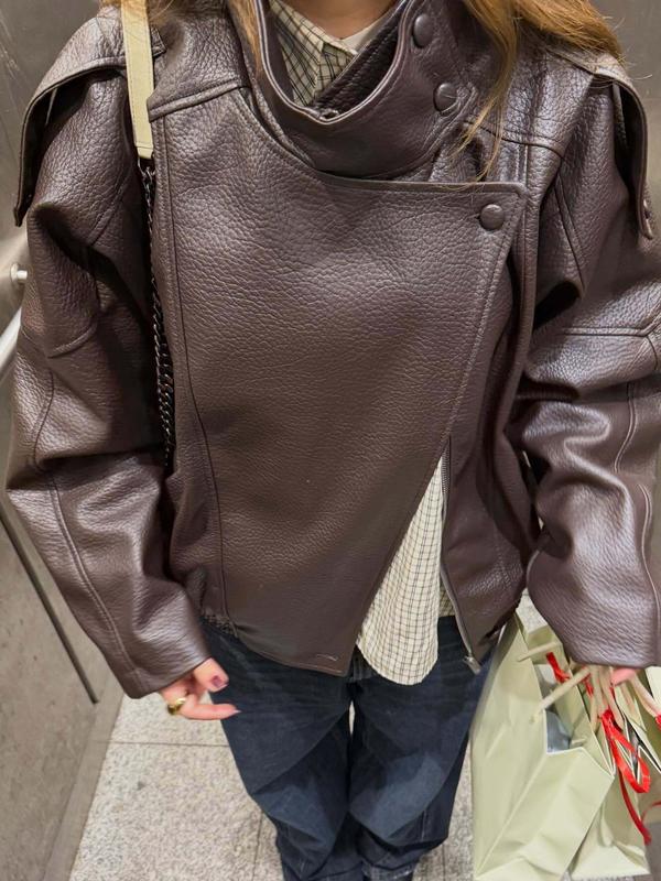 2026 Women's Black PU Leather Jacket, Oversize Asymmetrical Outerwear with Zipper, Long Sleeve Street Style Biker Jacket for Autumn