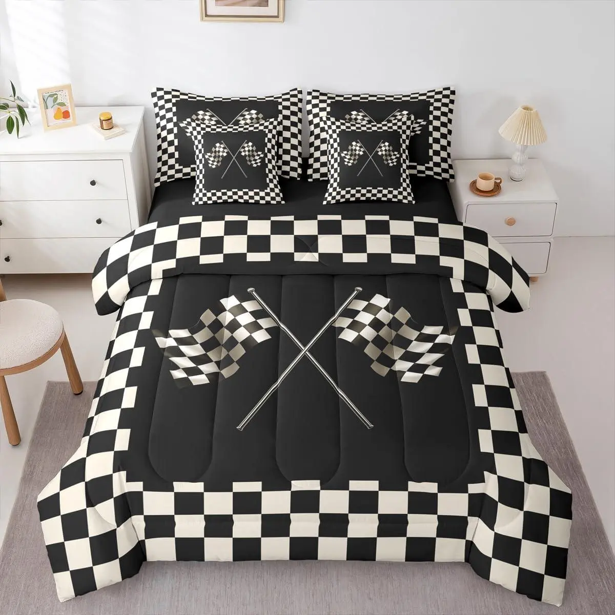 Feelyou 7-Piece Checkered Flag Grid Checkers Bedding Set, Black and White Microfiber Comforter, Soft Warm Racing Theme Bed Linens, Multi-Size, Room Decor, Bedroom Decor Ideas