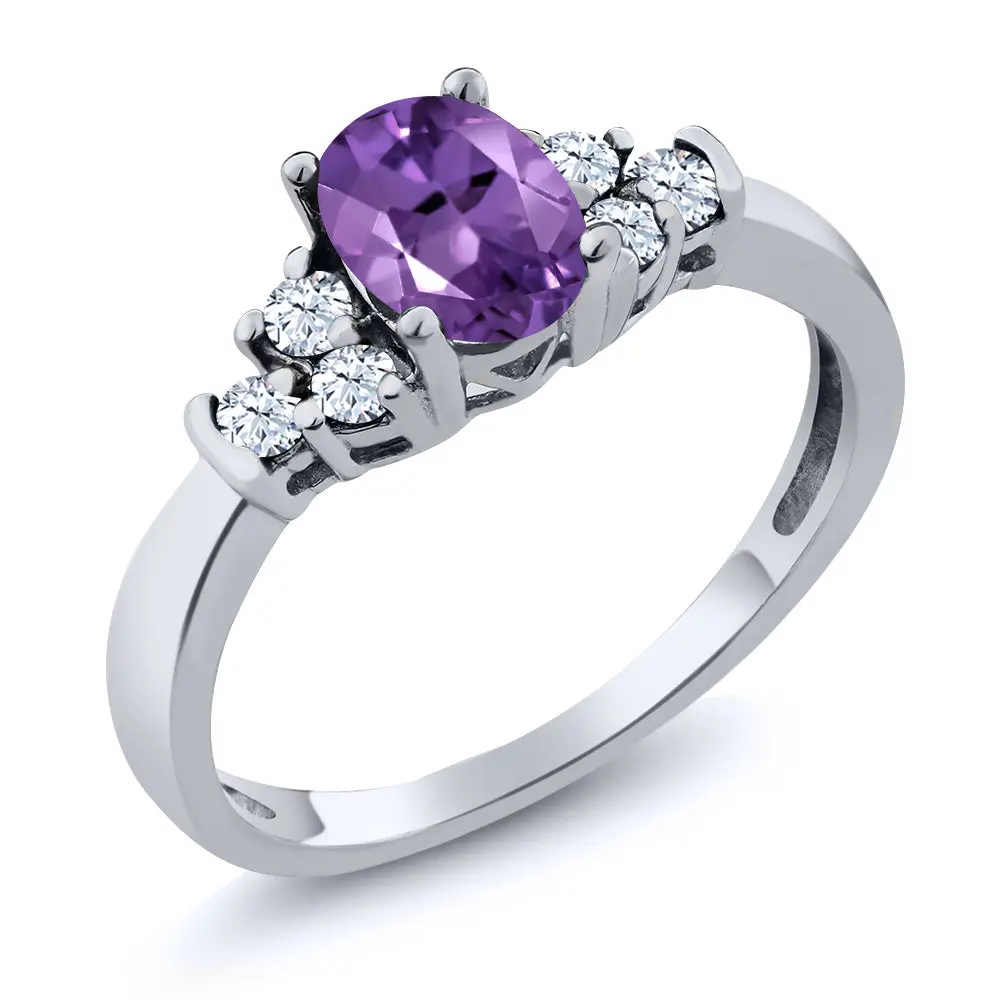 925 Sterling Silver Gemstone Birthstone and White Topaz Engagement Ring for Women | Center Oval 6X4MM and Round 2MM Accents | Wedding Anniversary Promise Ring | Sizes 5-9
