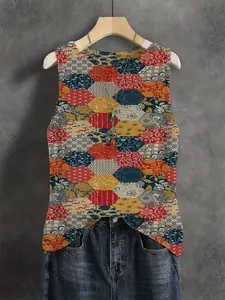 Elegant Women's Vintage Ethnic Geometric Flower Patchwork Round Neck Sweater Vest, Breathable Knit Top for Spring Summer Fall