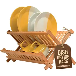 Dish Drying Rack - Collapsible Bamboo 2 Tier Foldable Wooden Dish Drainer for Countertop, Cups Utensils, Eco Friendly Folding Bamboo Dish Rack for Apartment RV - by Bambusi