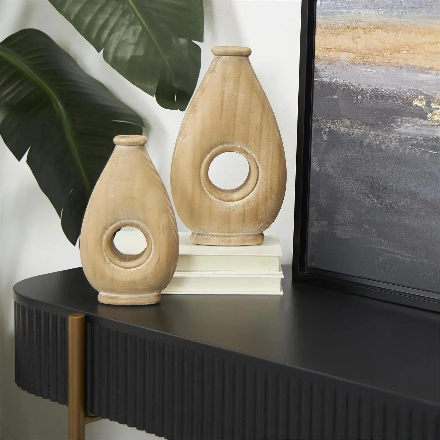Natural Brown Wood Teardrop Vase Set with Artistic Cutout - Set of 2 Decor