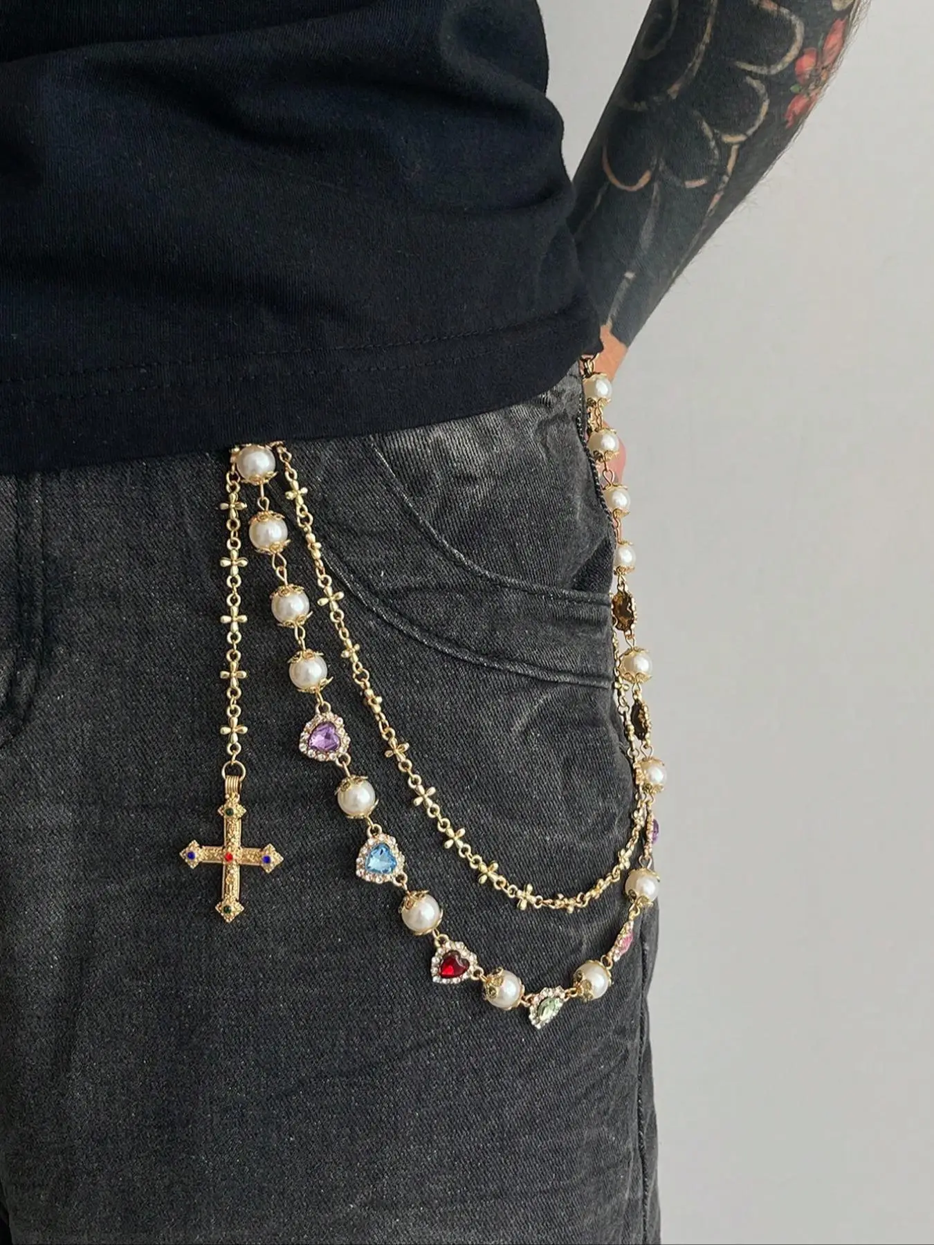 Vintage Colorful Rhinestone Cross Pants Chain, Men's Hip Hop Body Chain for Pants Decoration, Unique Fashion Accessory
