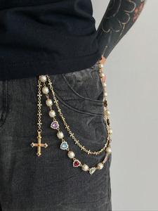 vintage colorful rhinestone cross pants chain, men's hip hop body chain for pants decoration, unique fashion accessory