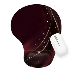 Elegant Dark Maroon Burgundy Wavy Fabric Golden Lines Stars Silicone Wrist Rest Mouse Pad 8.98*7.56inchs Luxury Office Home Computer Mousepad Gift