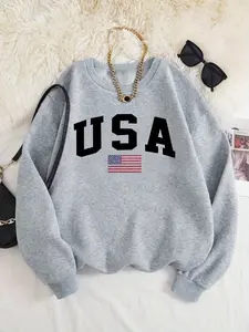 Women's USA Flag & Letter Print Drop Shoulder Thermal Lined Sweatshirt, Casual Long Sleeve Round Neck Pullover for Fall & Winter, Ladies Clothes for Daily Wear