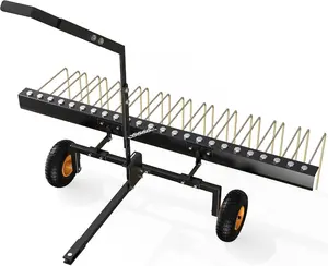 YINTATECH 60in Tow Behind Pine Straw Rake Steel Lawn Tractor Rake Fit for ATV 24 Tines Black&Gold with Wheels