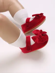 Newborn Baby Series Christmas Party Velvet Princess Shoes, Anti-Slip Bow Flat Shoes, Cute Toddler Girls Footwear