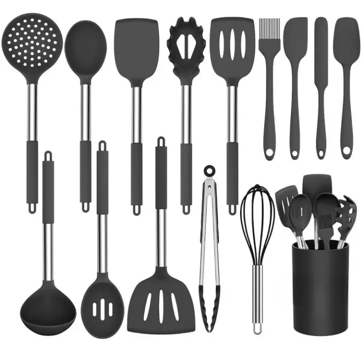 Silicone Cooking Utensil Set, 15Pcs Silicone Cooking Kitchen Utensils Set, Non-Stic - Best Kitchen Cookware With Stainless Steel Handle - Black