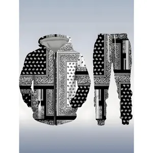 Men's Black White Paisley Print Tracksuit - Full Zip Hoodie and Pants Set with All-Over Pattern, Retro Streetwear Outfit