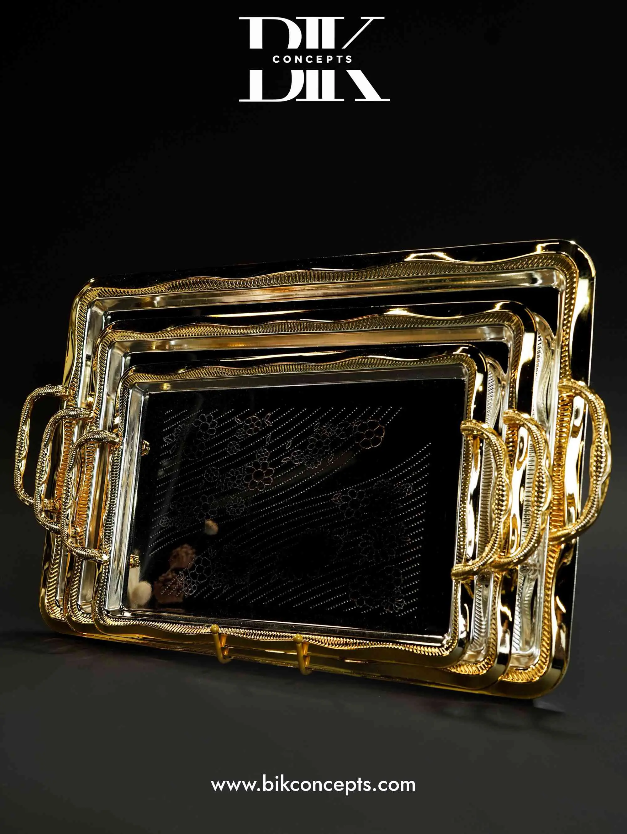 3-Piece Majestic Gold & Silver Luxury Serving Tray Set, Rectangular Kitchenware for Tea, Cocktails, Formal Events