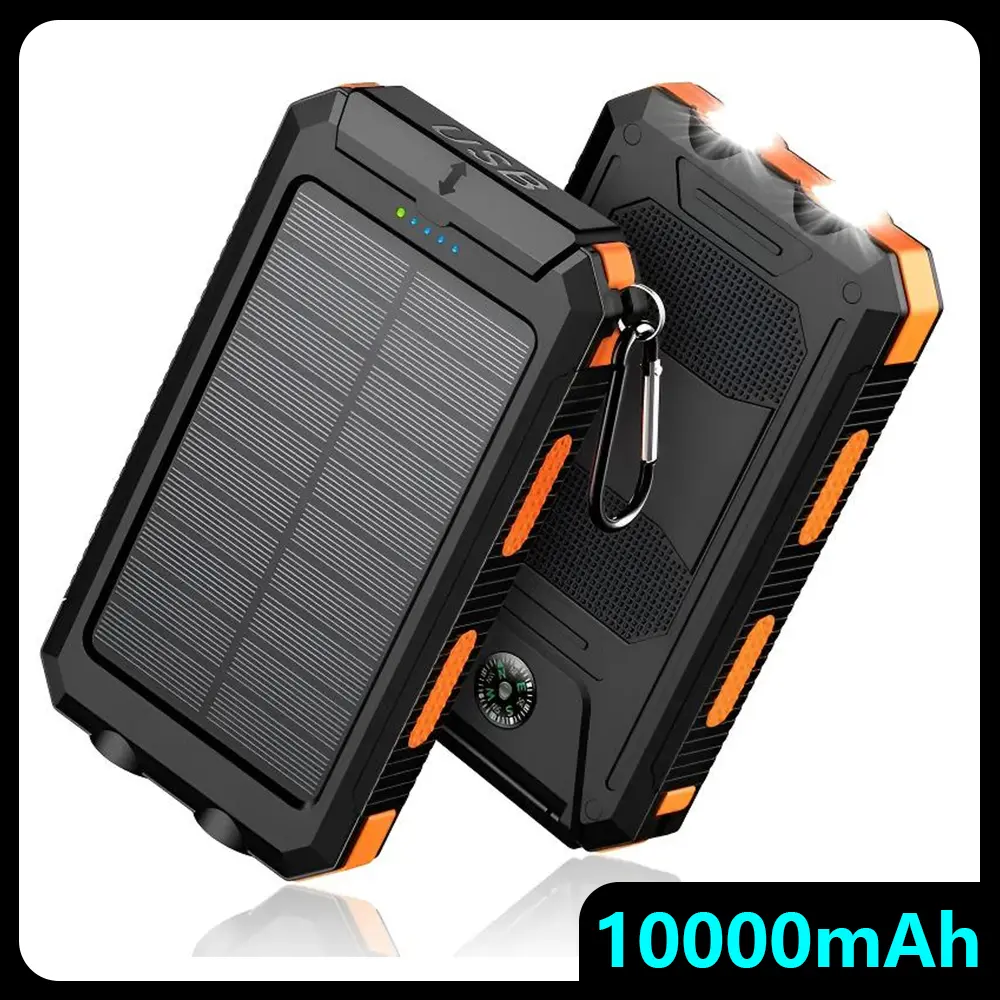 10000mAh Multifunctional Solar Power Bank Charger - IP65 Water Resistant Portable Electronic Battery Pack, Dual USB Fast Charging, Emergency LED Flashlight, Built-in Compass, Ideal for Camping, Hiking, Smartphone & Device Accessories