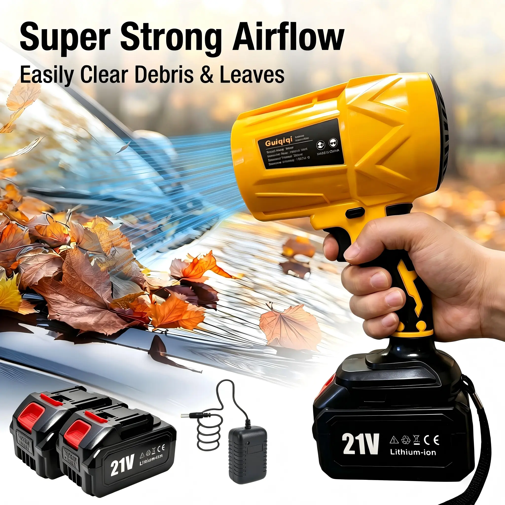 21V cordless brushless turbo hair dryer, ultra-powerful handheld leaf blower, equipped with 1 or 2 batteries, portable wireless air fan, suitable for snow removal, car cleaning, yard leaf cleanup, and camping use