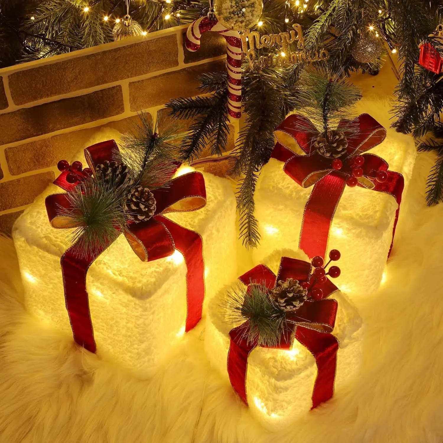 Lighted Gift Boxes Set of 3, Plug-in 60-LED Light-Up Present Boxes with Pine Cones & Silk Ornaments, White Christmas Home Decor for Holiday Party, Gifts, Decoration
