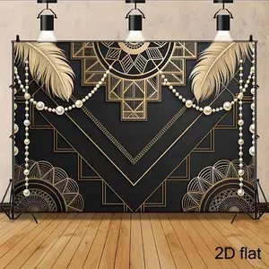 2D Flat 1920S Jazz Themed Party Backdrop, Black Golden Geometric Pattern with Feather Pearl Details, Aesthetic Decor for Holiday Party Photography, Photo Booth, Party Banner