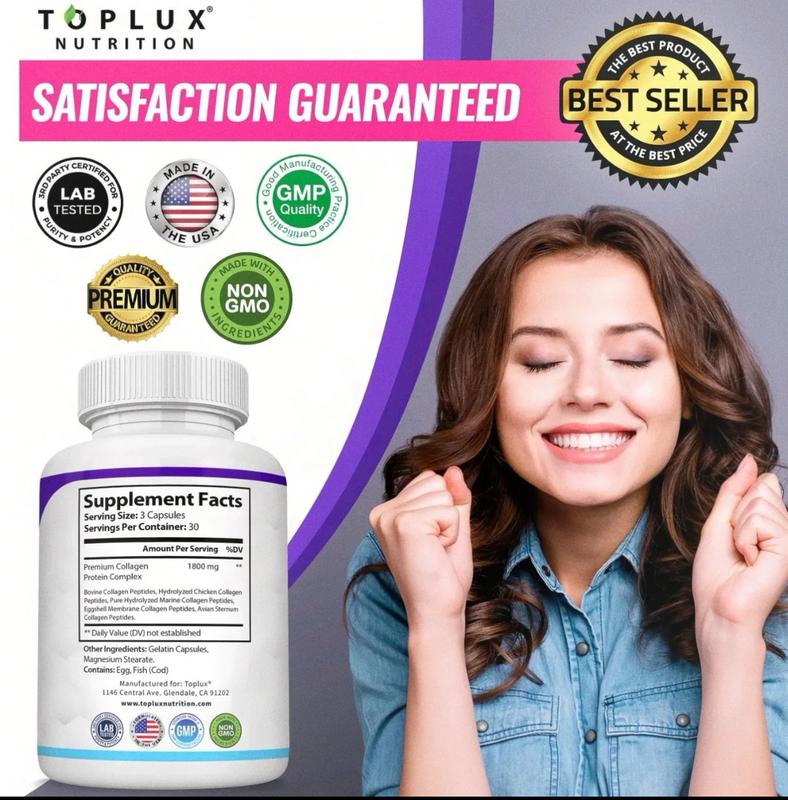 Toplux 5 - Type Collagen Peptides | 1800mg, US- Made| 90 Caps for Radiant Skin, Strong Nails & Joint Health Healthcare Supplement Colagen Edible Fitness Dietary Beauty