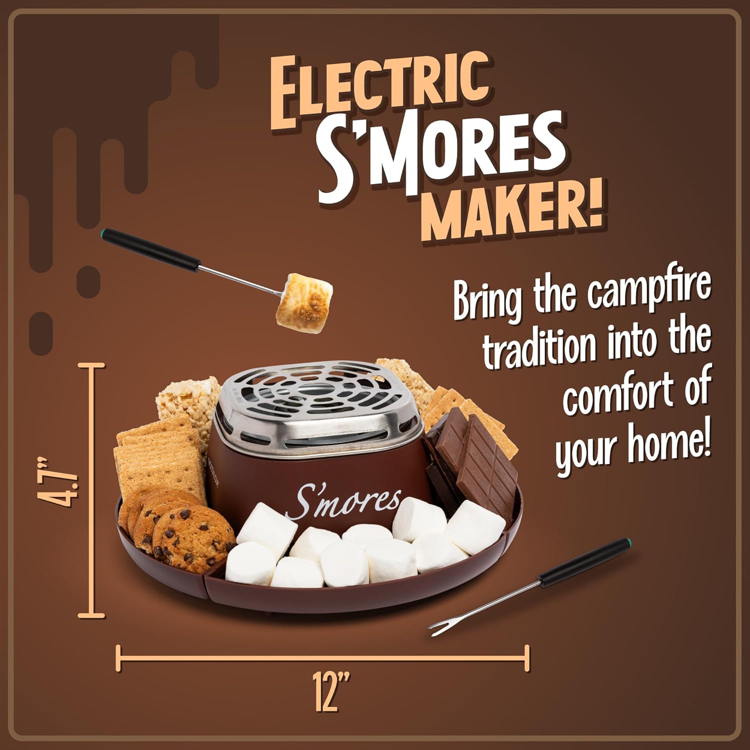 Tabletop Indoor Electric S'mores Maker with Roasting Sticks & 4 Trays - Movie Night Kit, Brown