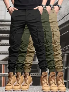 Three-Piece Men's Multi-Pocket Workwear Pants, Elastic Waist Tie Tactical Practical Pants, Casual Street Style for Daily Wear & Outdoor Work