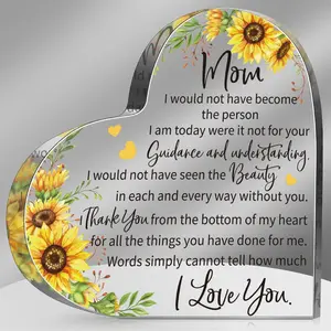 Heart-Shaped Acrylic Mom Gift – Perfect from Daughter or Son for Birthday, Christmas, Mother’s Day, Thanksgiving. Sunflower Design Plaque