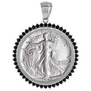 925 Sterling Silver Black CZ Halo Half Dollar Coin Bezel 30mm Prong Back