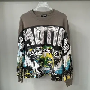 MIXED EMOTION Black Long Sleeve Alien Print T-shirt Men Women T Shirt Top Tees Crewneck Hip Hop Oversized Tops