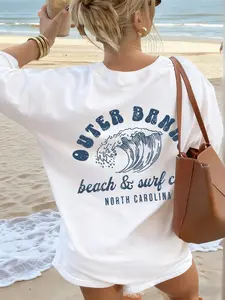Women's Round Neck Short Sleeve T-Shirt, Outer Banks Surf Pattern Print, Casual Beach, Soft Breathable Fabric, Summer Fashion Top