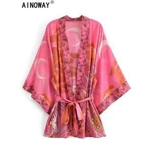 StarandMoonFloralPrintSashesBohemianKimonoWomenvNeckBatwingSleevesHappieShortRobeDressBohoCover-Ups