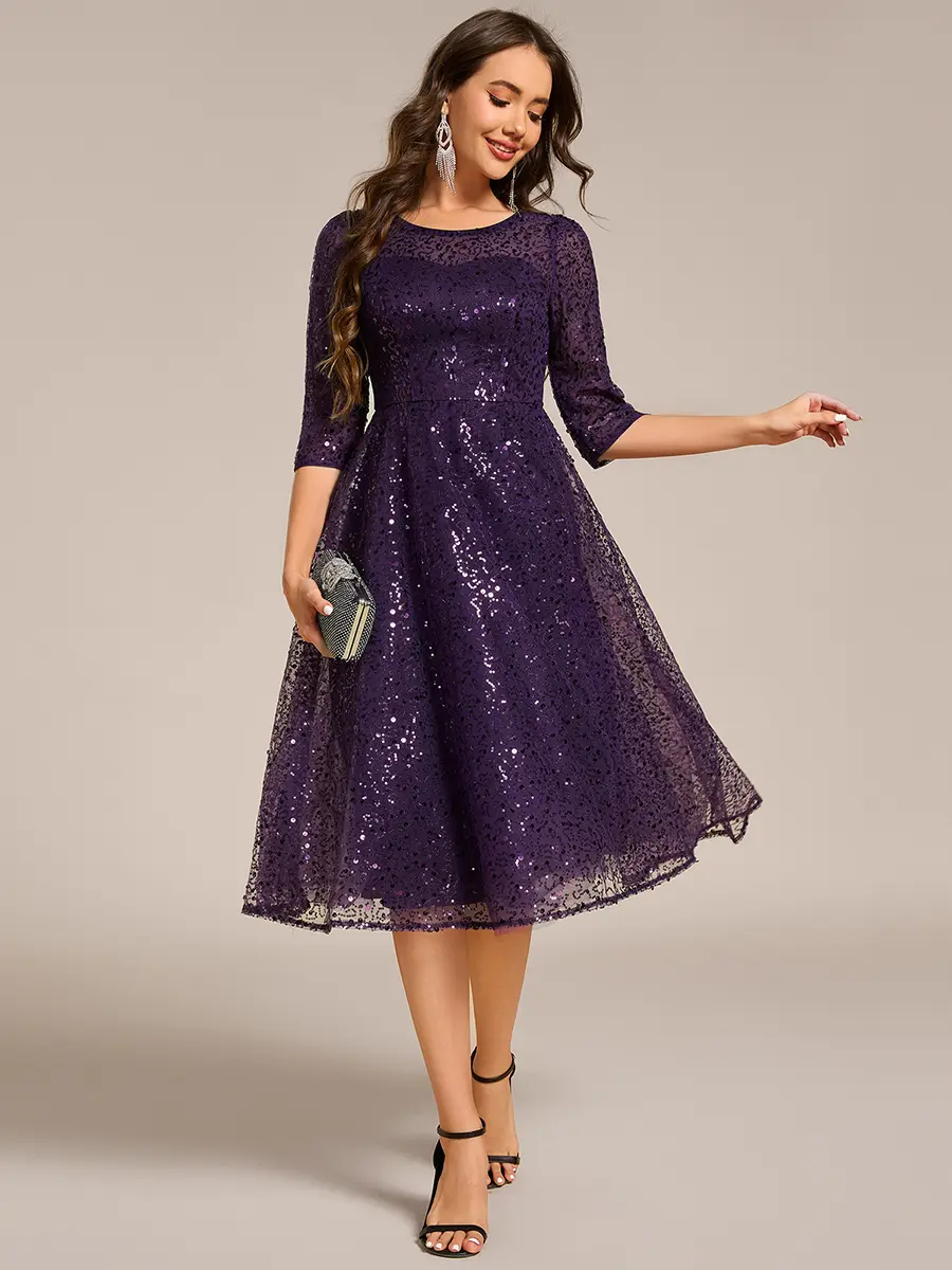 midi burgundy wedding guest dress Elegant Round Neck Smocking Midi Length Chiffon Wedding Guest Dresses main image 1