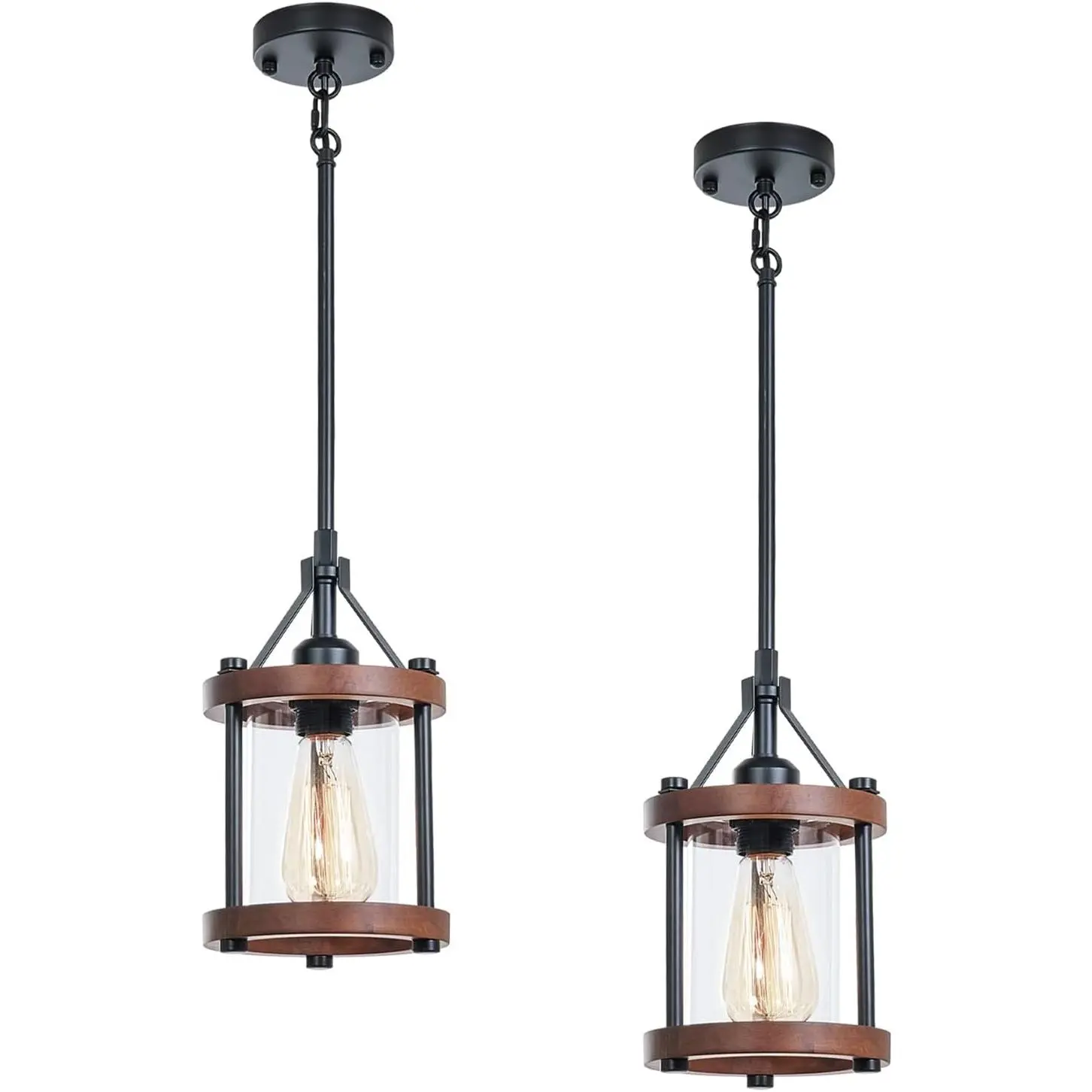 Farmhouse Pendant Light, Rustic Walnut  Metal Cage Hanging Light Fixtures with Glass, Adjustable for Flat and Slop Ceiling, Pendant Lighting for Kitchen  Foyer Hallway,2-Pack