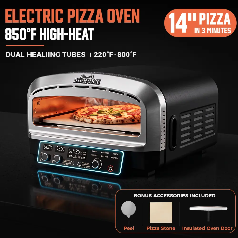 BIG HORN OUTDOORS 14 In Electric Countertop Baking Oven - Pizza Stone Oven, 220°F-800°F Heat Range, 6 Multi-Cook Modes, LED Display Flip-Up Design, Dual Tubes Heat Faster, Easy Wipe Clean for Home Kitchen Bake Bread, Cakes, Pies (TikTokShopBlackFriday)