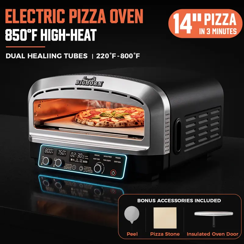 BIG HORN OUTDOORS 14-in 120V 1800W Electric Countertop Pizza Stone Oven - 50% Smaller Footprint, 220-800°F Range (800°F Pizza Heat), 6 Multi-Cook Modes, LED Display, Flip-Up Design, Dual Tubes, Easy Wipe Clean for Home Kitchen (TikTokShopBlackFriday)