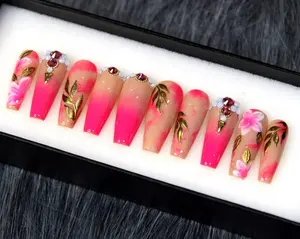 Golden Pink Leaf Fake Nails | Luxury Coffin Nails | Glue On Fales Nail
