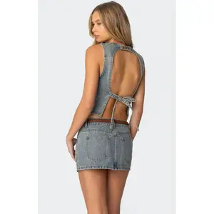 Edikted Women's Quinlan Open Back Denim Top