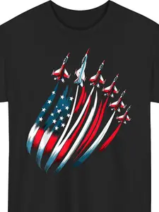 Patriotic USA Flag Fighter Jets Boys 4th of July T-Shirt |   Crew Neck, Short Sleeve, Regular Fit, Digital Heat Transfer Print, All-Season Casual Wear