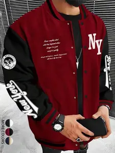 Men'sPatchworkLetterPrintButtonFrontVarsityJacket,CasualComfyRegularFitLongSleevePocketOuterwearforFall&Winter,Men'sClothesforDailyWear
