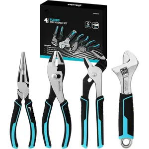 4-Piece Pliers Set - 8" Long Nose, Slip Joint, Groove Joint Pliers & Adjustable Wrench for Home Use