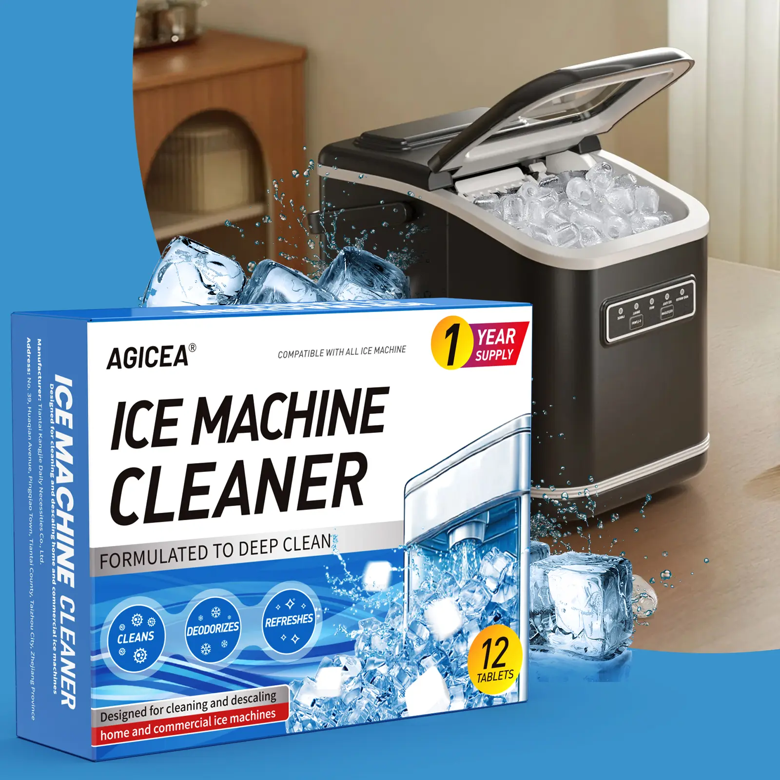 Agicea Ice Machine Cleaning Tablets - 12 Count Descaling Tablets for Home Use, Calcium & Mineral Removal, Maintenance to Prevent Blockages & Boost Ice Production