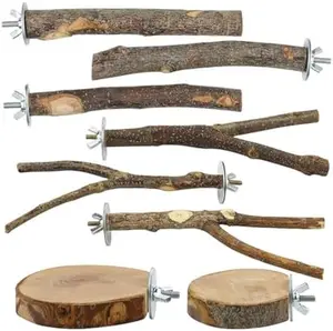 8-Piece Set Natural Wood Bird Perches - Wooden Parrot Stand with Fork Toys, Hanging Multi-Branch Platform, Hammock Swing - Suitable for Parakeets, Budgies - Durable Pet Bird Accessories