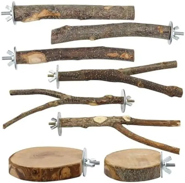 8-Piece Set Natural Wood Bird Perches - Wooden Parrot Stand with Fork Toys, Hanging Multi-Branch Platform, Hammock Swing - Suitable for Parakeets, Budgies - Durable Pet Bird Accessories