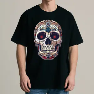 A skull patterned T-shirt with Mexican Day of the Dead style, the overall design is highly artistic and cultural. Create a unique dressing style, urban street style, suitable for men, women, mothers, and friends, couple style