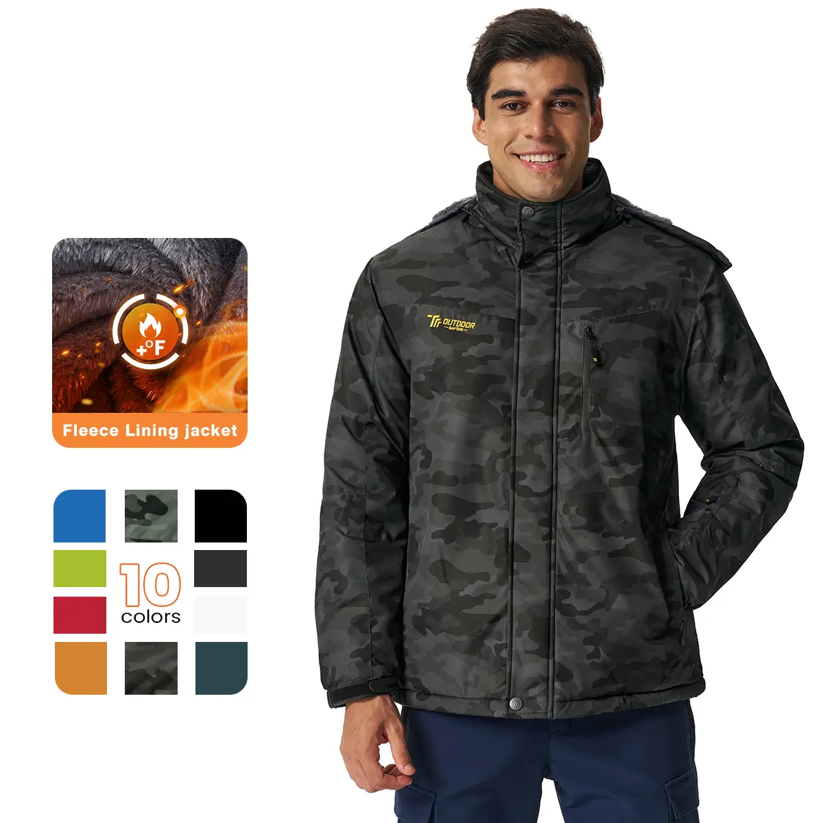 YSENTO Men's Winter Ski Jackets Waterproof Thermal Snowboard Coats Windproof, Fleece Lined, Warm Insulated, Detachable Hood, 5 Pockets, Cold Weather, Snowboarding, Work, Hiking, Camping,  Camofluage and Solid Color Black