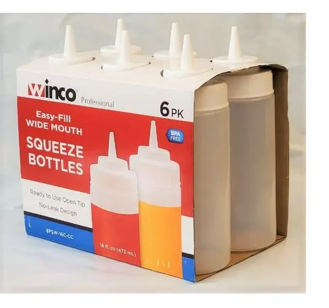 Winco Wide-Mouth No-Leak Plastic Squeeze Bottles, 6-Pack Easy-Fill Professional Specialty Kitchen Utensils for Kitchen Use, No-Leak Design